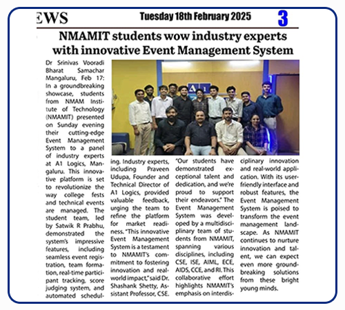 NMAMIT Students wow Industry experts with Innovative Event Management System, A1 Logics