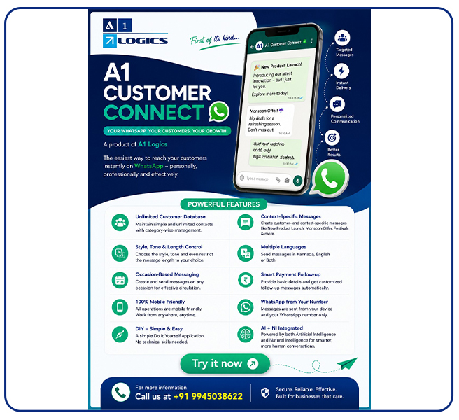 A1 Customer Connect, customers, Product, WhatsApp, A1 Logics
