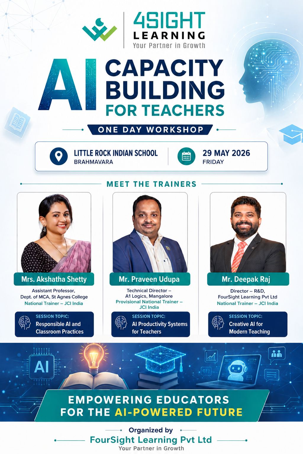 insightful session on “AI Productivity Systems for Teachers”, Little Rock Indian School, Brahmavara, A1 Logics